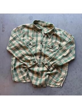 Vintage Democracy Boxy Green and beige plaid button up shirt w Raw Hem (Medium)